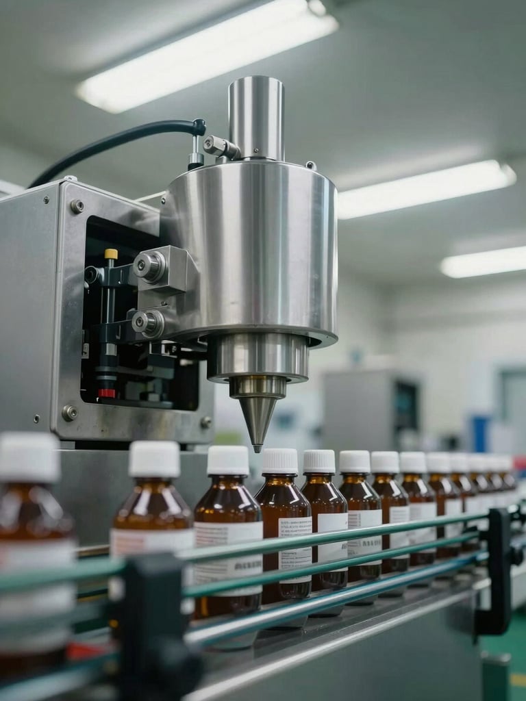 Close-up of a stainless steel rotary filling machine in operation, product bottles moving along a conveyor under fill nozzles, bright factory fluorescent overhead lighting, low-angle framing emphasizing mechanical precision and scale, no human figures