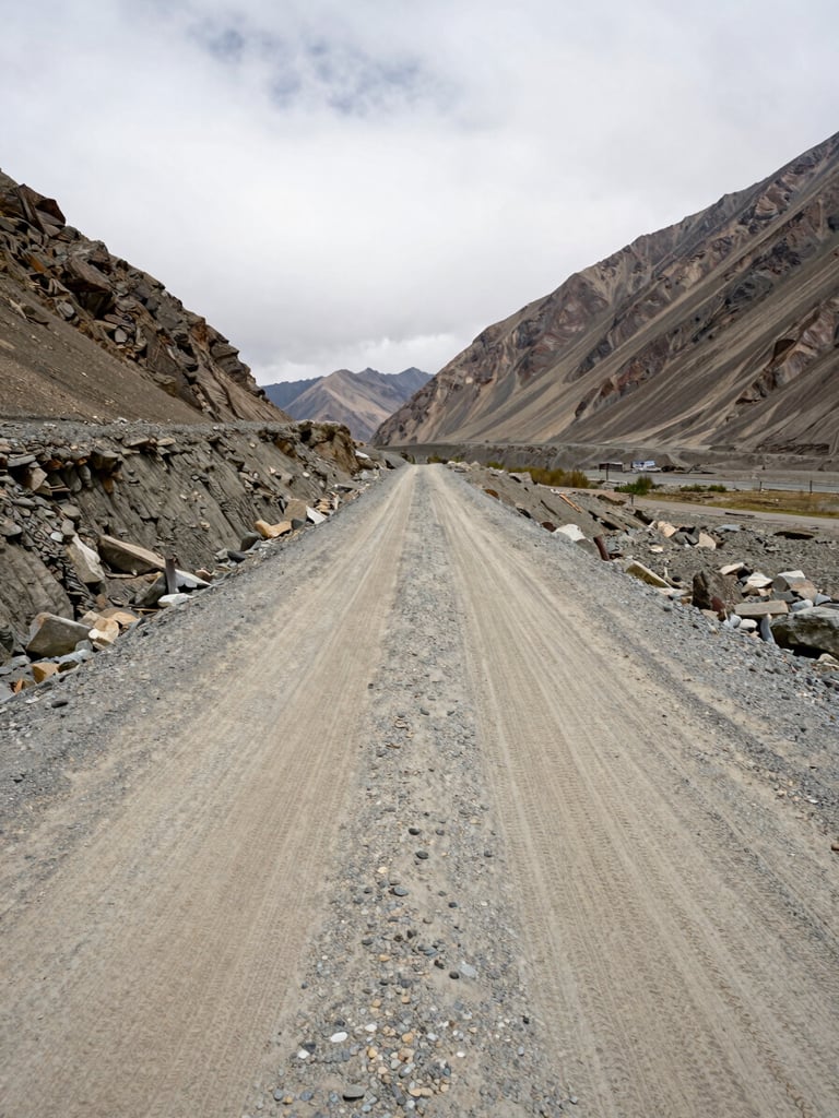 Road-level wide frame looking straight ahead on Babusar Pass, packed earth transitioning to loose gravel under overcast white sky, mountain walls rising sharply on both sides, faint tyre tracks in the dirt surface, no riders visible — just the road itself