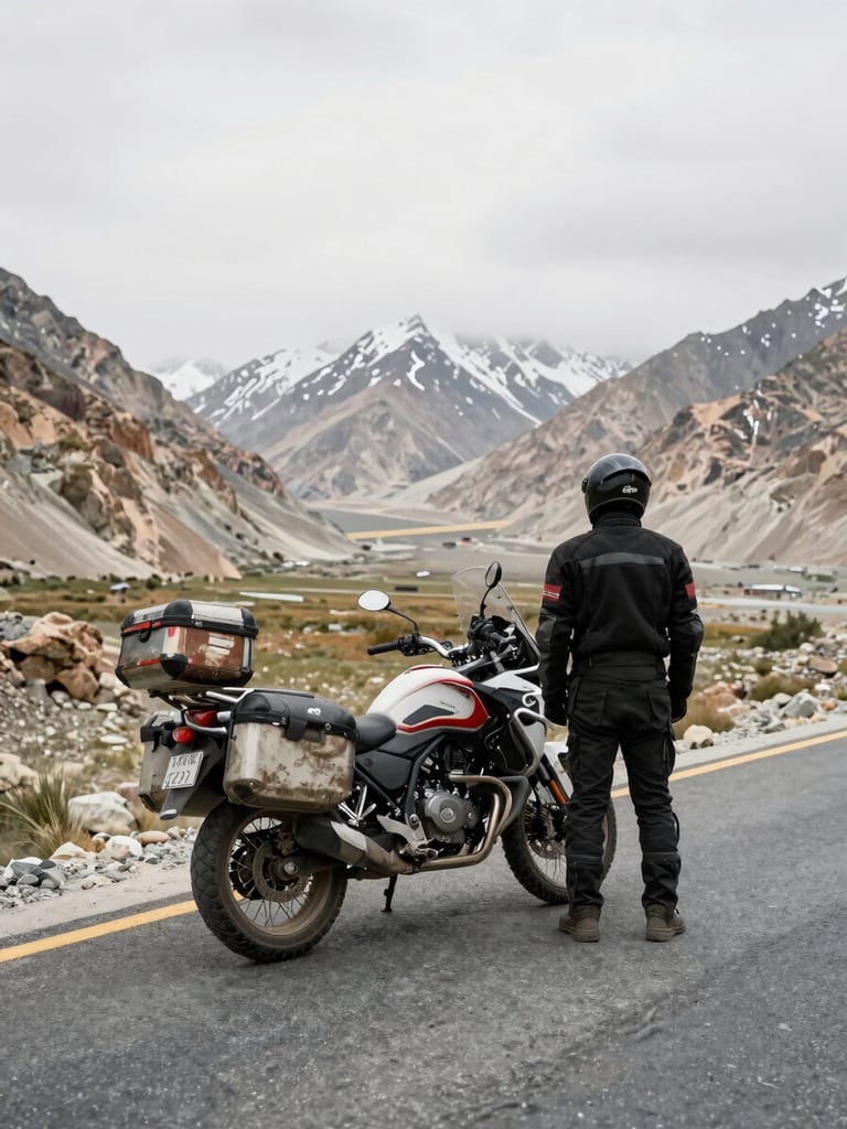 Extreme wide environmental frame at road level on the Karakoram Highway, a motorcycle parked on the tarmac shoulder with worn panniers, a rider in full gear standing beside it facing away toward the valley below, overcast diffused light, no faces visible