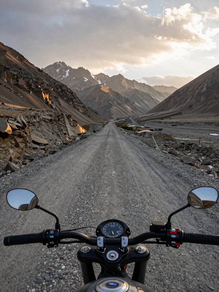 Road-level wide frame looking ahead down a high-altitude gravel pass in northern Pakistan, handlebars and fuel tank visible in the extreme foreground, dramatic mountain ridgeline receding into overcast sky, golden-hour rim light catching the road surface texture