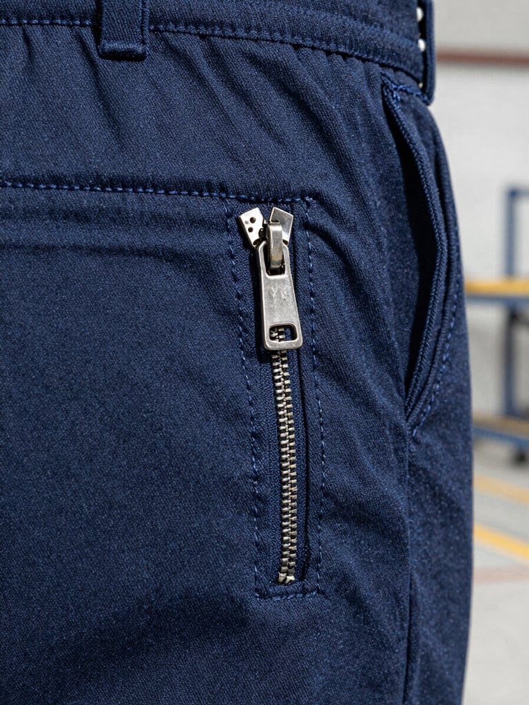 Macro close-up shot of a triple-stitched seam on heavy-duty navy canvas work trousers, silver YKK zipper detail, high depth of field, sharp industrial focus