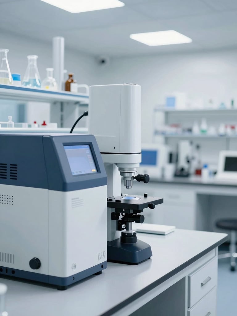 Clean modern chemical testing laboratory with precision instruments, bright industrial daylight, professional setting