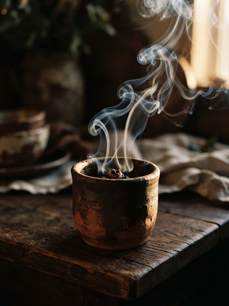 Moody editorial macro of rising smoke trails from a clay vessel, soft golden-hour side light, warm earthy tones, rich shadows, 35mm film.