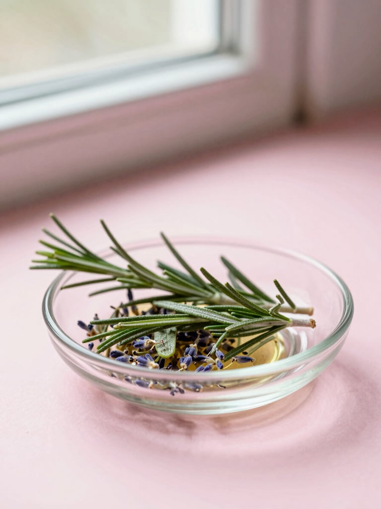 Raw botanical rosemary leaves and lavender oil in an elegant glass dish on a light pink surface, soft morning window light, warm editorial photography, shallow depth of field
