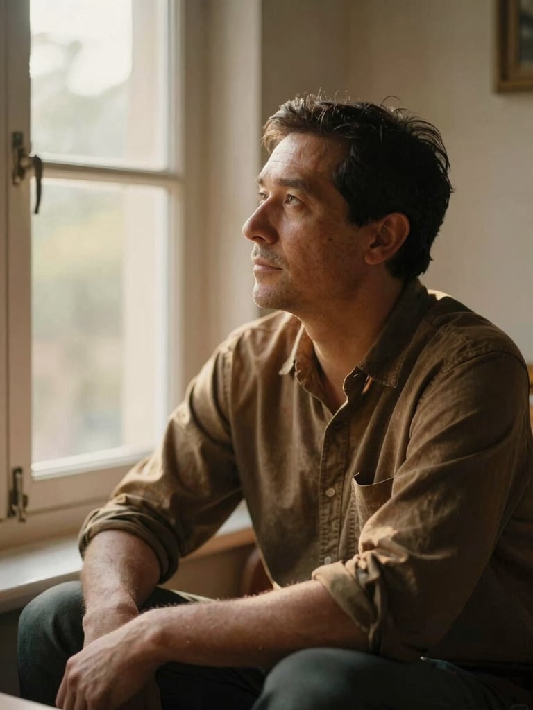 A father sitting quietly by a window reflecting, warm soft daylight, thoughtful expression, rich earthy tones, shallow depth of field