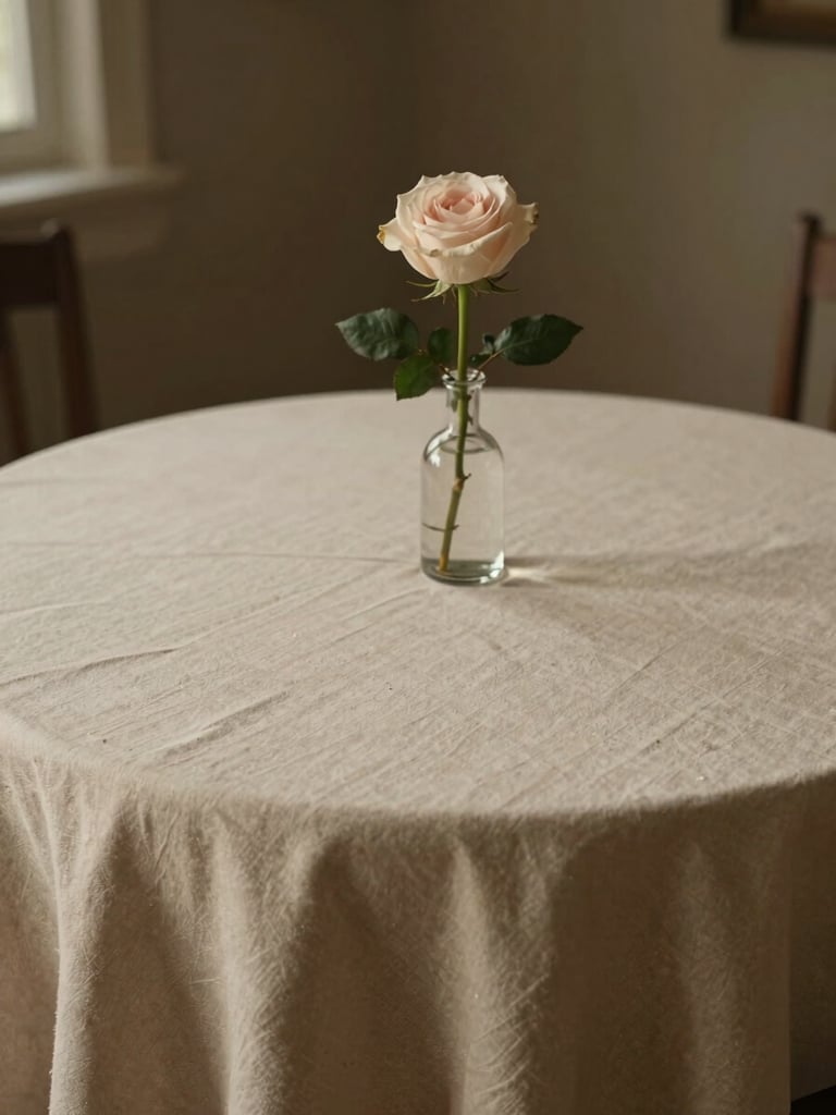Cinematic portrait shot of a minimalist wedding table setting, warm natural light, soft beige linen tablecloth, single-stem rose in a delicate vase, negative space.