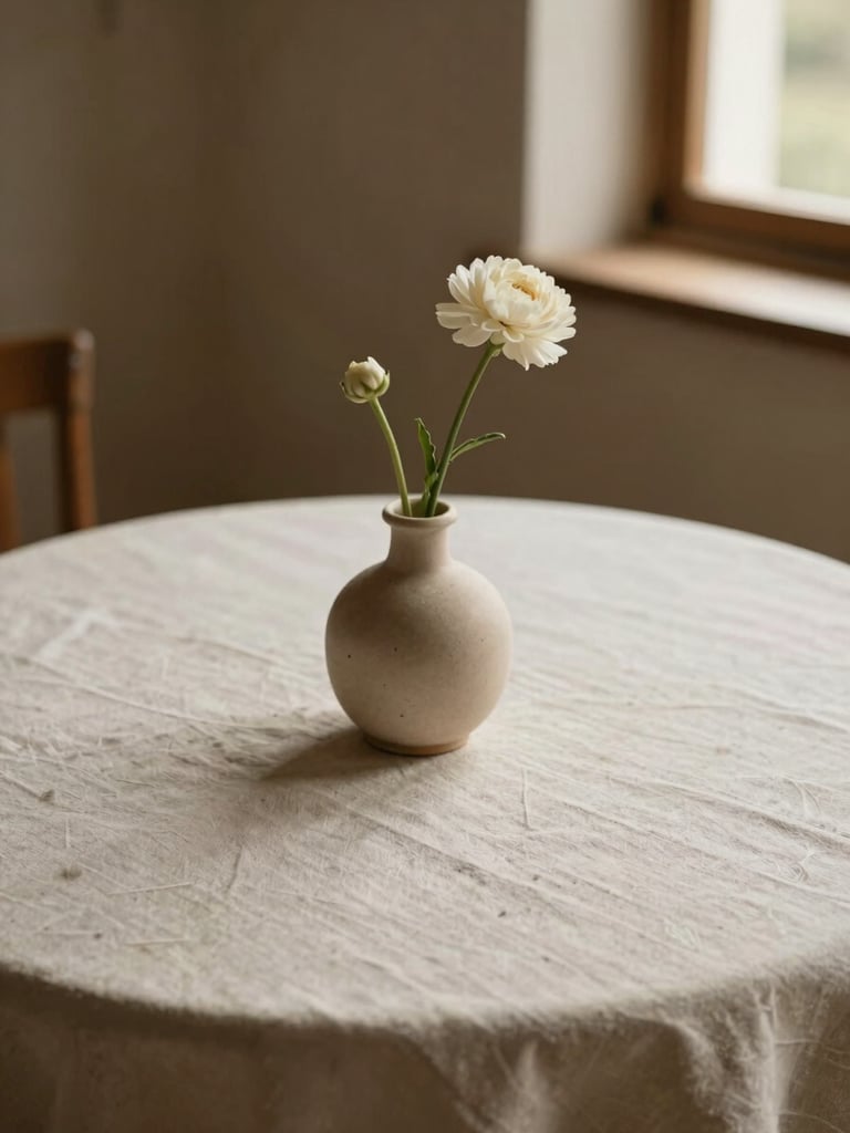 A close-up of a warm minimalist wedding table setup, soft linen tablecloth, single-stem flower in a ceramic vase, warm natural light coming from the side