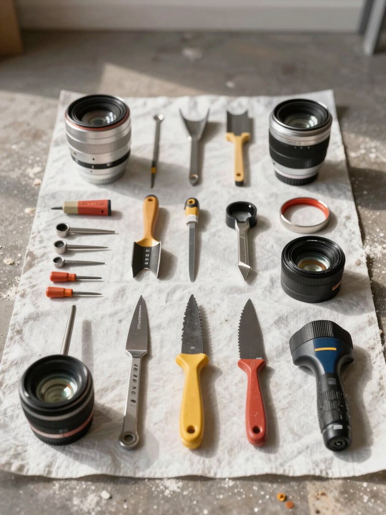 Straight-on architectural shot of a perfectly organized painter's tool array on a clean drop cloth, sharp morning light, dust-free environment.