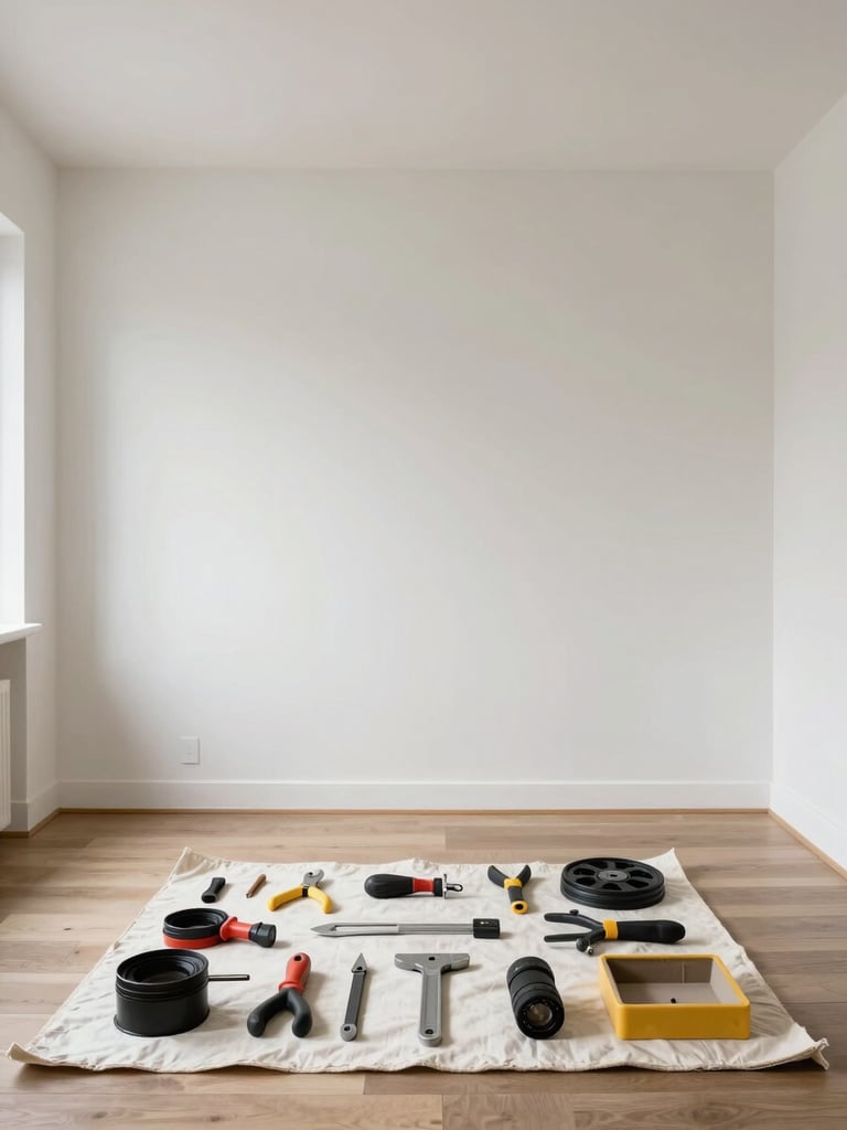 Straight-on architectural shot of a modern room with crisp paint lines, neatly organized tools on a protective canvas drop cloth, bright natural daylight.