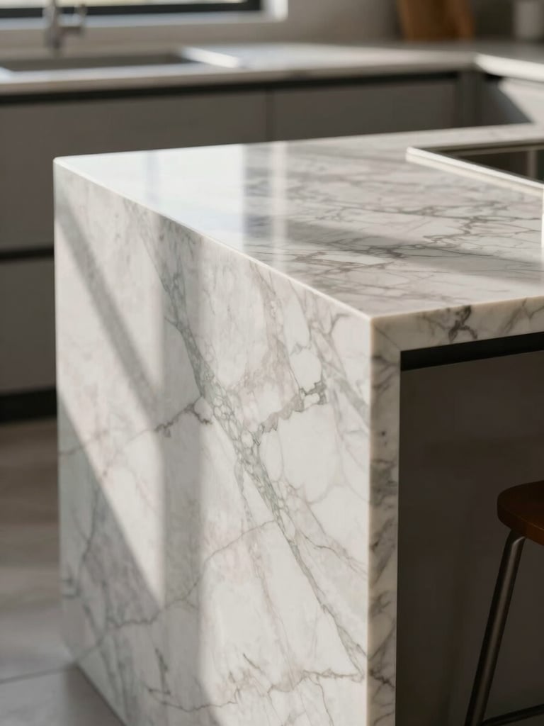 A close-up of a perfectly polished marble kitchen island in natural daylight, reflecting crisp architectural lines, zero dust, high-end design