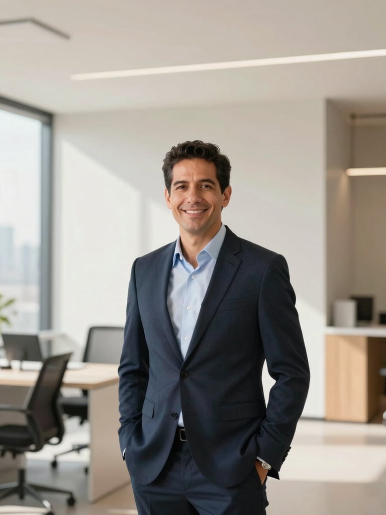 Professional portrait of real estate broker Andrés Vaca in a modern office, bright natural daylight, clean architectural lines, warm look, 35mm lens