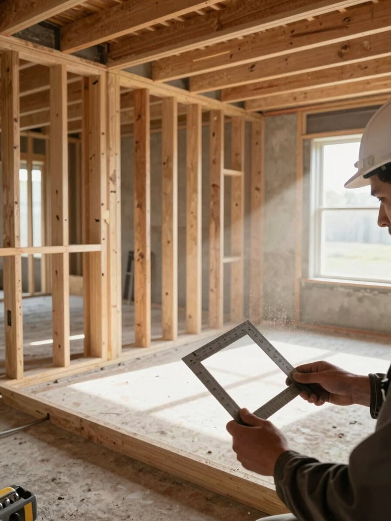 Wide environmental shot looking into a residential room mid-framing, exposed wall studs and subfloor visible, a worker's hands holding a framing square against a stud in the foreground, natural daylight flooding through a glassless window opening, concrete dust in the air