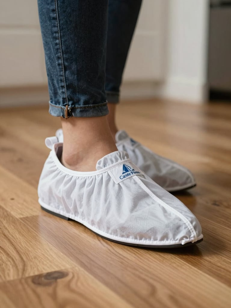 Close-up of clean branded shoe covers stepping onto a pristine hardwood floor inside a modern Castle Pines home, soft natural light.