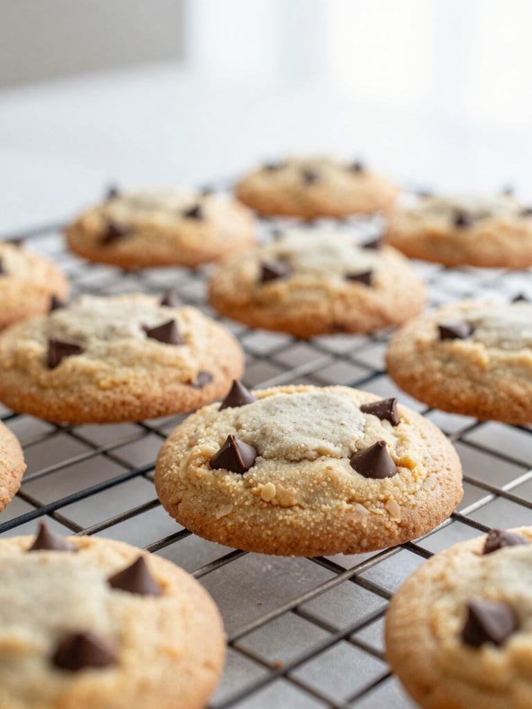 A close-up shot of freshly baked classic chocolate chip cookies cooling on a wire rack, melting chocolate chips, soft morning light, shallow depth of field, warm tones.
