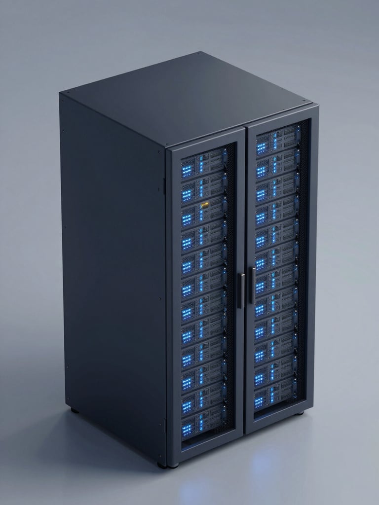 Sleek 3D render of a secure data server vault with glowing blue status lights, cool diffused studio light, isometric perspective, minimalist architectural lines