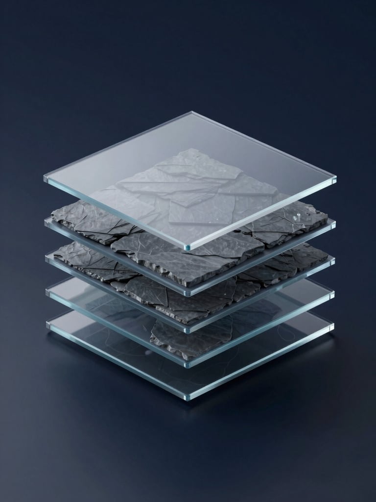 Sleek 3D render of interlocking slate-gray glass panels representing unified software layers, isometric perspective, cool diffused studio light, deep navy background