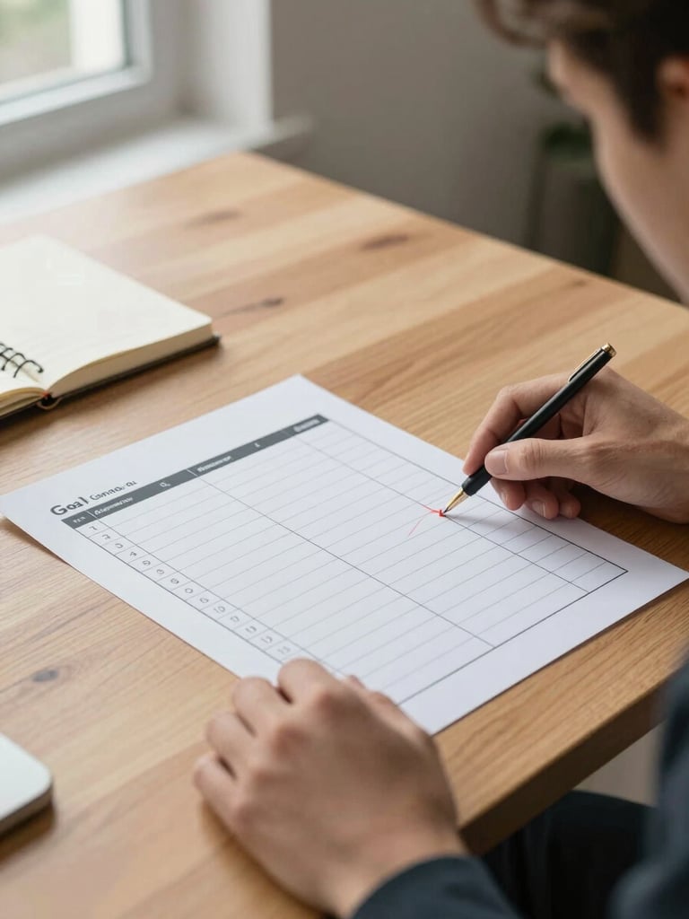 Close-up of hands placing a printed goal tracker onto a clean wooden desk surface beside a small notebook, studio daylight from a side window, crisp and functional feel