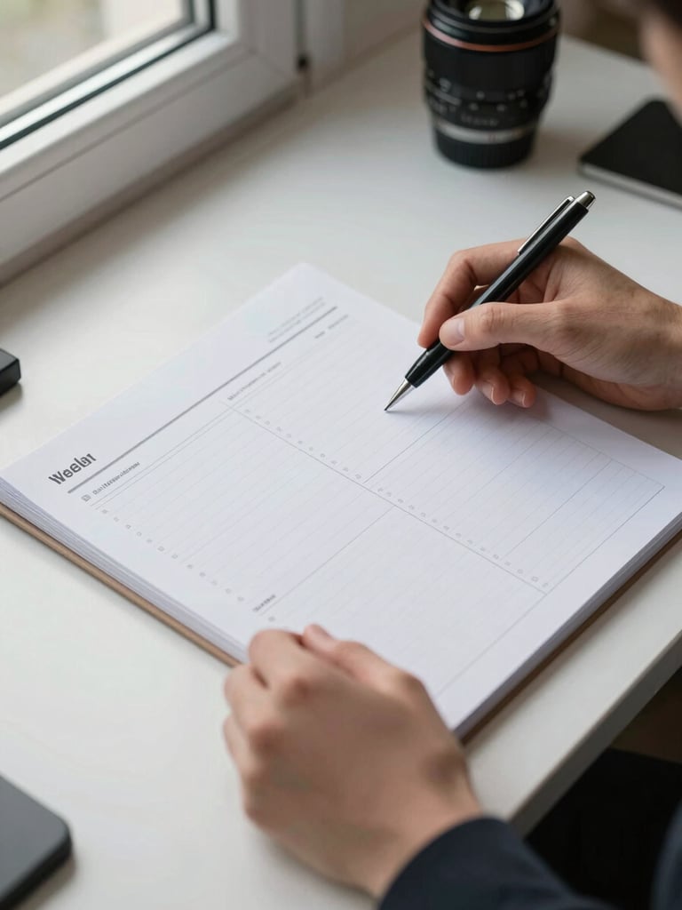 Close-up hands holding a printed weekly planner sheet on a light desk, pen resting across the page, soft natural daylight from a window to the left, clean and functional