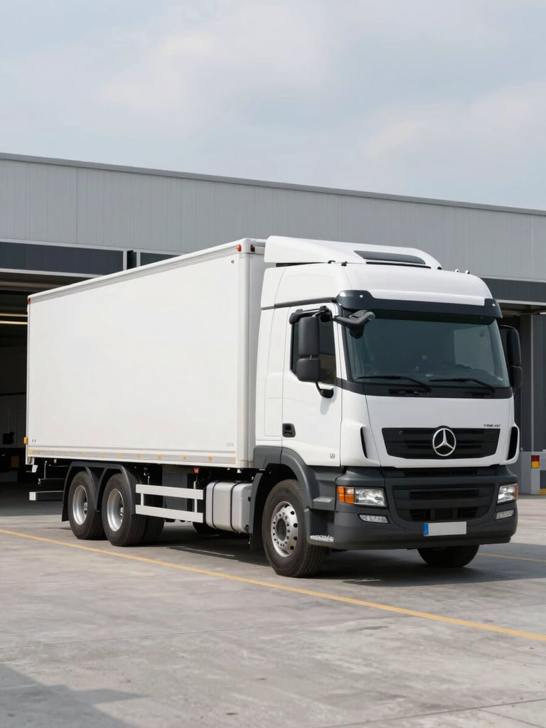 Realistic commercial transportation photography, clean modern curtain-side truck (solówka plandeka) with a tail-lift parked at a modern concrete loading dock, bright overcast daylight