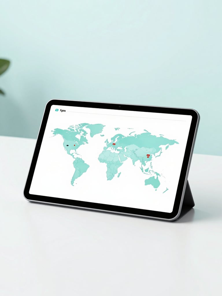 Bright high-key photo of a modern corporate logistics desk, clean minimalist background with soft cyan-tinted light, a sleek tablet showing global shipping routes, sharp focus.