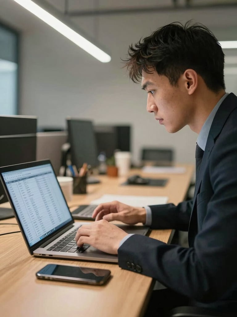 Medium shot of a desk-based operations manager reviewing a lead list on a laptop screen, phone beside keyboard, overhead office lighting, calm work environment, no clutter