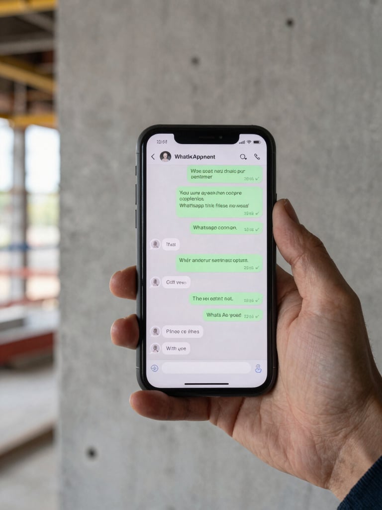 Close-up of a hand holding a smartphone at a construction site, WhatsApp message thread visible on screen confirming an appointment, natural daylight from the side, concrete wall in background