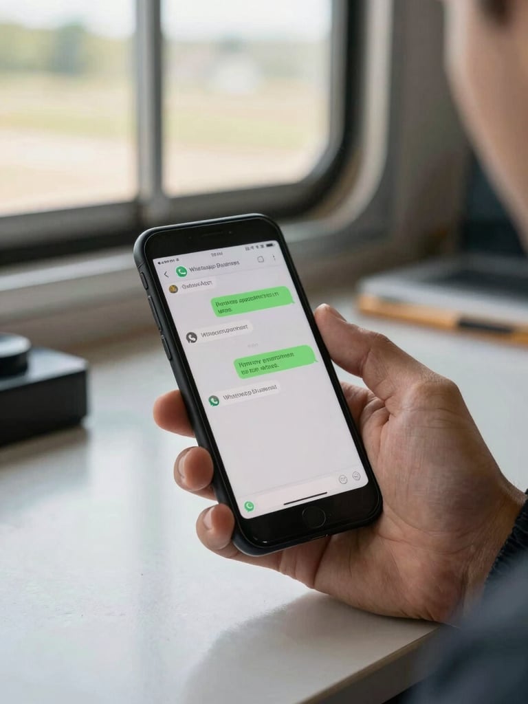 Close-up of a contractor's hand holding a smartphone at a job trailer desk, WhatsApp Business conversation thread visible on screen, incoming appointment message highlighted, natural window daylight, shallow depth of field, no faces