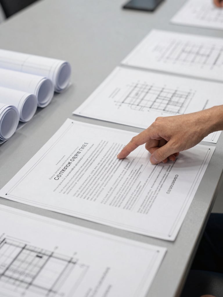 Technical blueprints and legal documents laid out on a conference table, a hand pointing to a specific clause, sharp natural daylight, structured composition, 35mm.