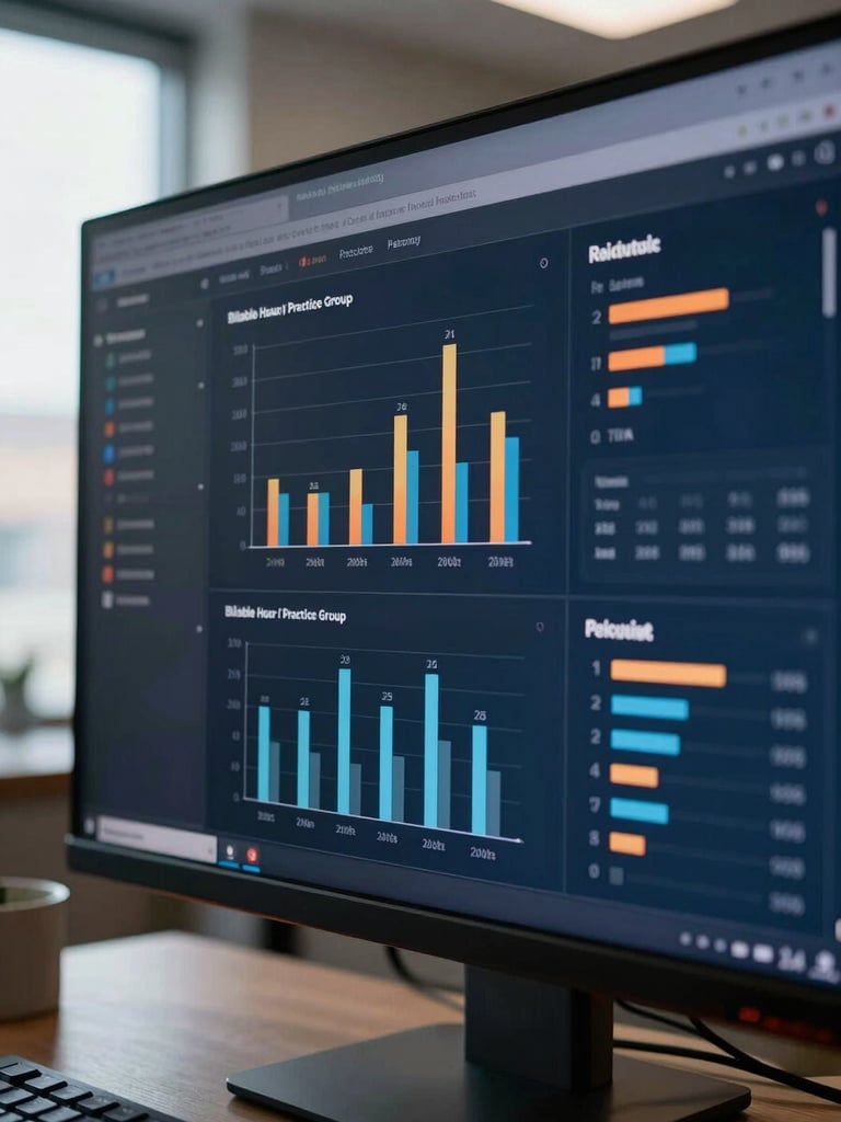 Close-up of a legal matter profitability dashboard on a large monitor, showing bar charts of billable hours by practice group and realization rate metrics in deep navy interface, office window daylight from the left, tight crop on screen details