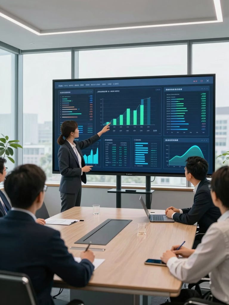 Wide-angle view of a modern advisory conference room, a large wall-mounted monitor displaying multi-panel dashboard charts with blue and green data visualizations, two professionals pointing at specific metrics on the screen, north-facing daylight through floor-to-ceiling windows, clinical office lighting, no people facing camera