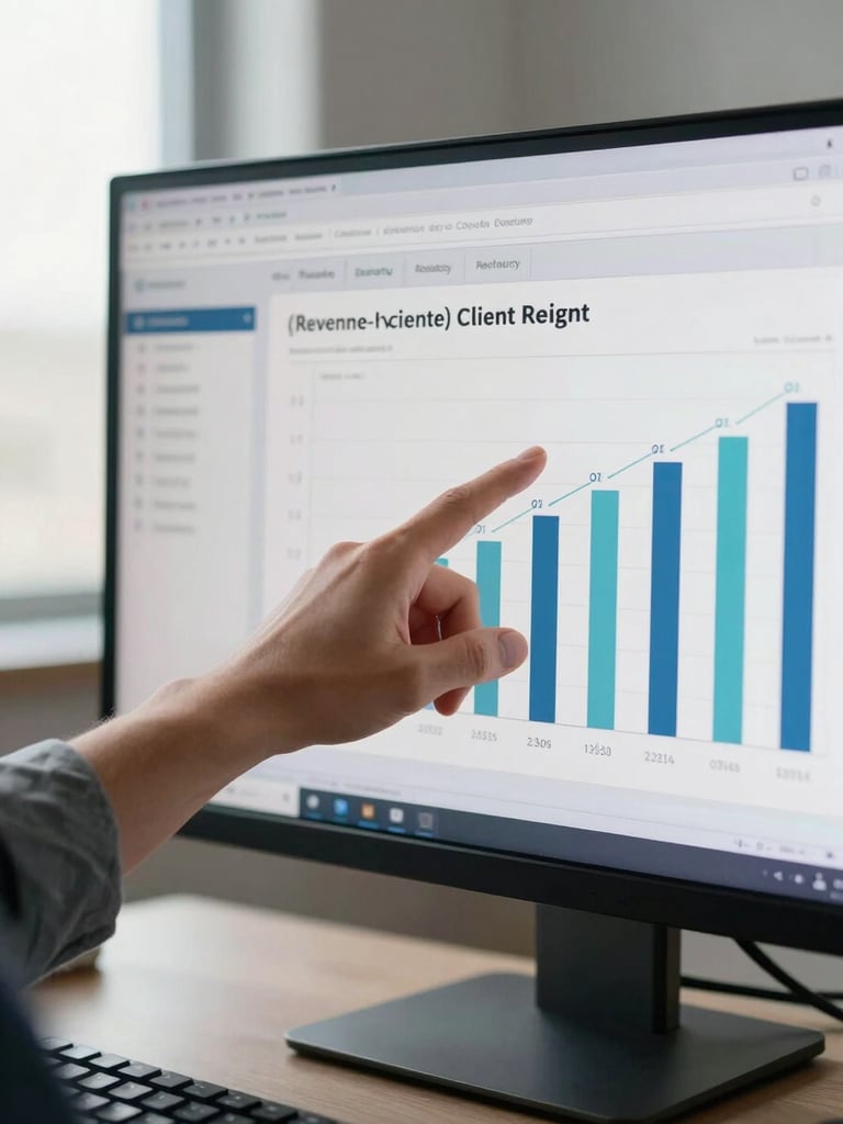 Tight crop of a professional's hand pointing at a monitor screen showing revenue-by-client bar chart in a daylight-lit advisory office, screen data sharp and legible, soft natural light from a window to the left