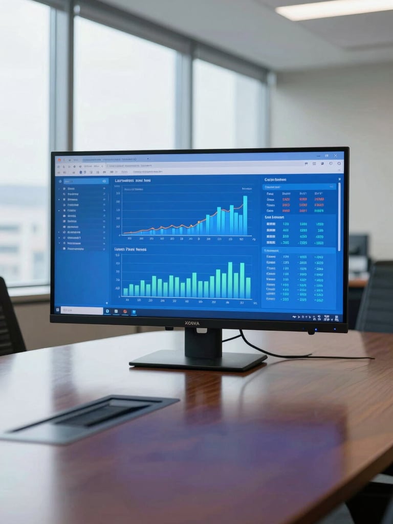Wide panoramic view of a legal office conference table, a large monitor displaying a blue dashboard with revenue and utilization charts in sharp focus, daylight from tall windows illuminating the screen surface, no people visible, clinical and precise