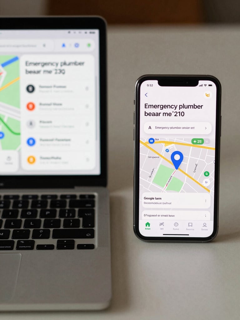 Side-by-side flat-lay of a laptop and phone on a clean desk showing Google Maps search results for 'emergency plumber near me' — before state on left with business ranked position 9, after state on right with same business at position 2, map pin highlighted, review count visible, screenshot-native lighting, tight crop on screens