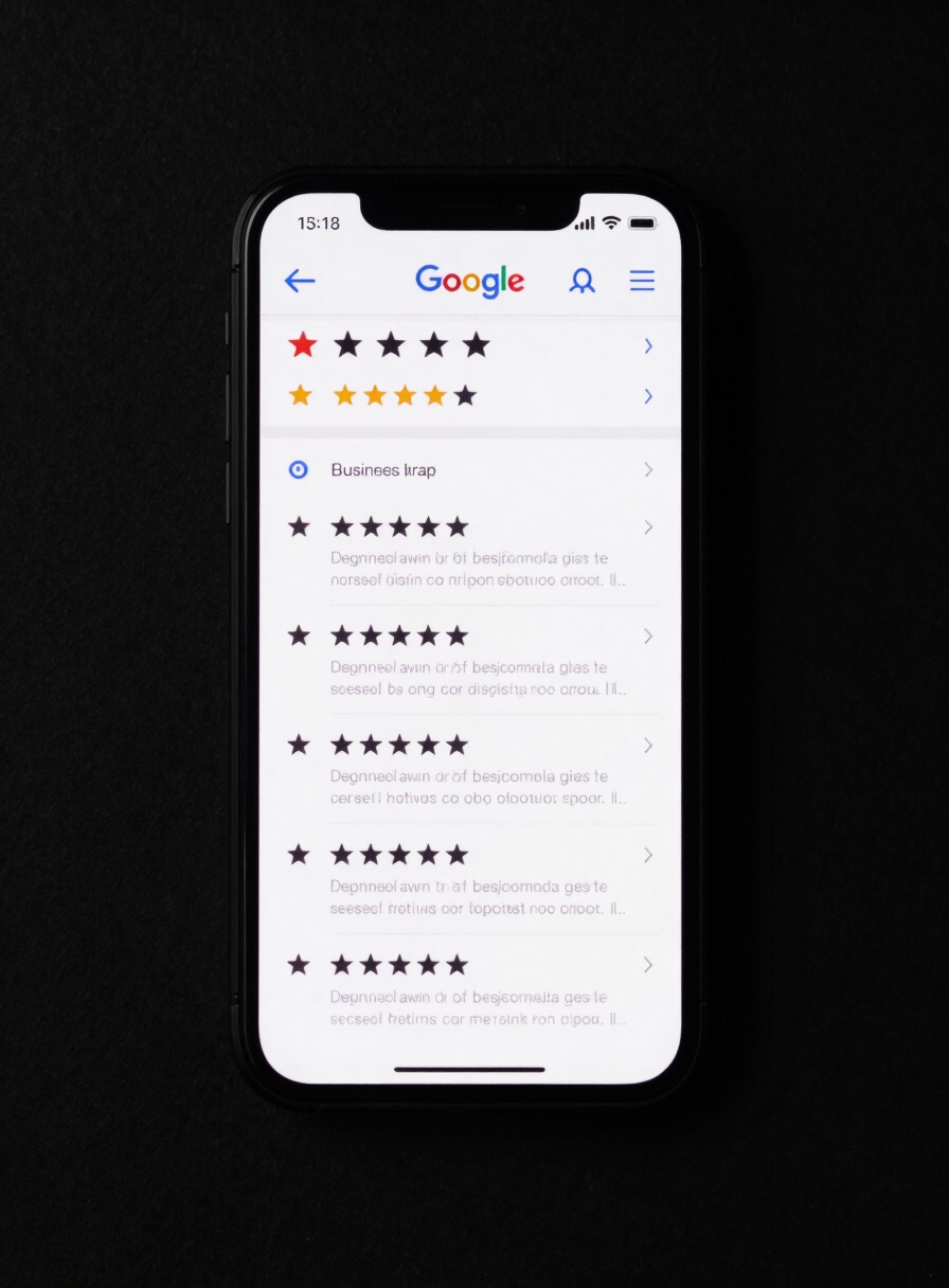 Mobile phone frame displayed upright showing a Google Maps business profile in edit mode—review count prominently visible at top, star rating displayed, a scrollable list of five-star reviews below, screenshot-native clean lighting, tight crop on the phone screen against a very dark near-black background, no physical environment or hands visible