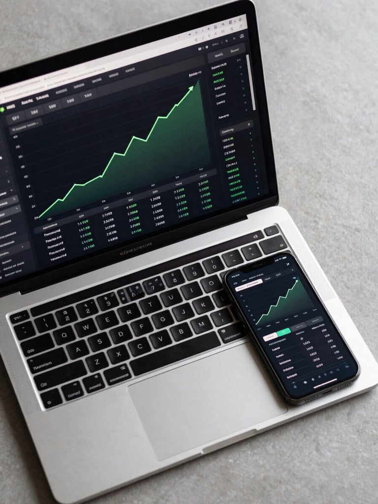 Tight overhead crop of a laptop screen displaying a local SEO rank-tracking dashboard, green upward-trending position lines for ten keyword rows visible on a dark analytics interface, clean even screen-native lighting, phone placed beside the laptop showing the same data in mobile view, flat-lay framing on a neutral matte surface