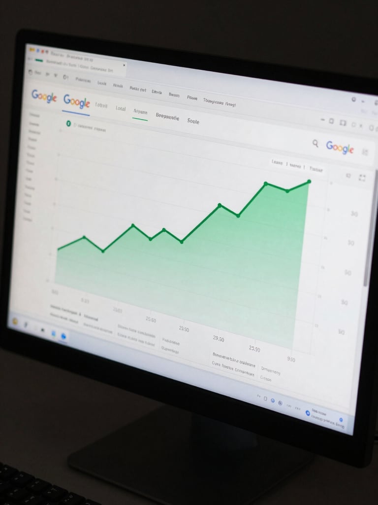 Tight overhead crop of a desktop monitor displaying a Google local search rank tracking dashboard, green upward-trending position lines for 20 keywords across a 90-day timeline, clean dark UI, even screen glow, no people, no branding