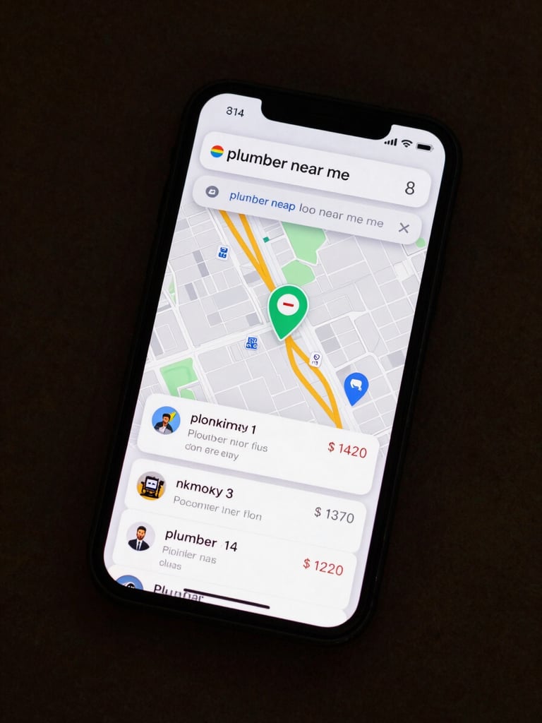 Overhead flat-lay of a phone displaying a Google Maps local pack search result for 'plumber near me', three business pins visible on the map with review counts annotated, one pin highlighted in a muted green, screenshot-native lighting, no hands or physical props