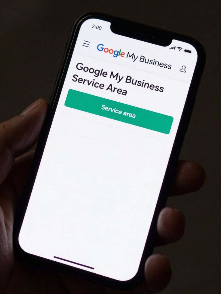 Close-up overhead view of a smartphone in a dark hand showing a Google My Business profile edit screen for a plumbing company — service area fields highlighted in teal, incomplete photo section visible, clean even screen-native lighting, tight crop on the phone screen edge-to-edge
