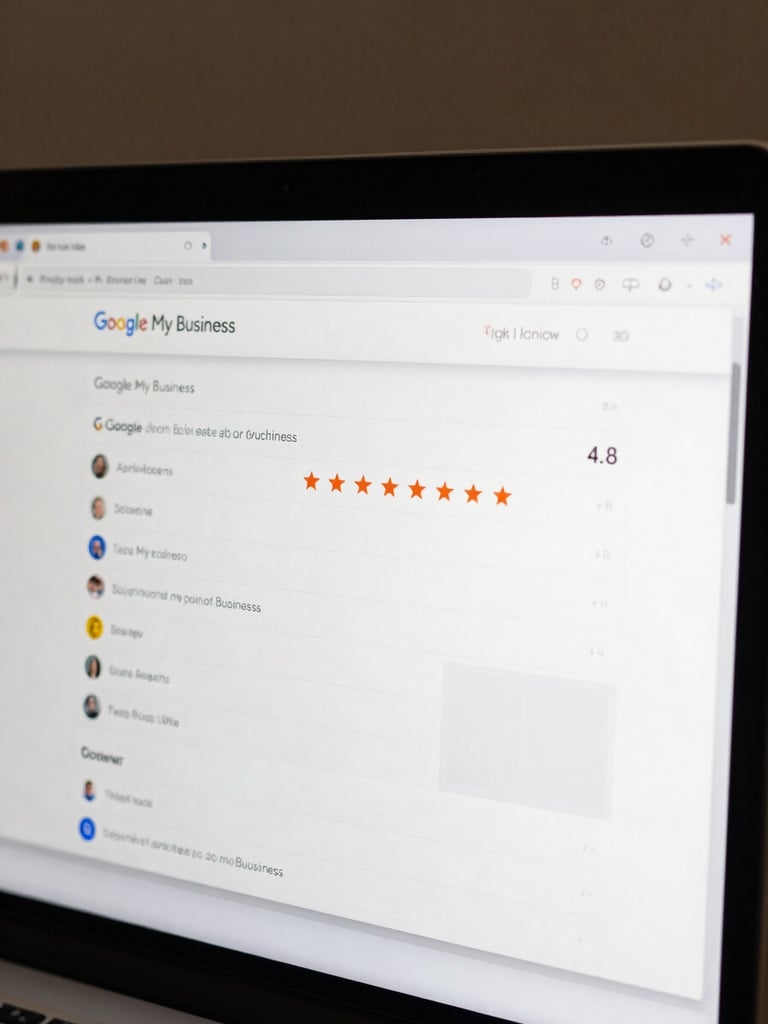 Tight crop of a Google My Business profile panel open in edit mode on a desktop monitor, screen filling the frame edge-to-edge, showing business category fields, review star ratings at 4.8, and a photo upload grid partially filled — clean flat-lit screenshot, no physical environment visible, muted interface colors