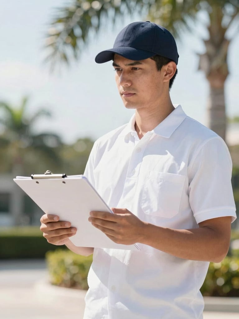 A uniformed, clean-cut property maintenance team member holding a professional checklist on a clipboard, bright natural Florida morning light, 35mm lens.
