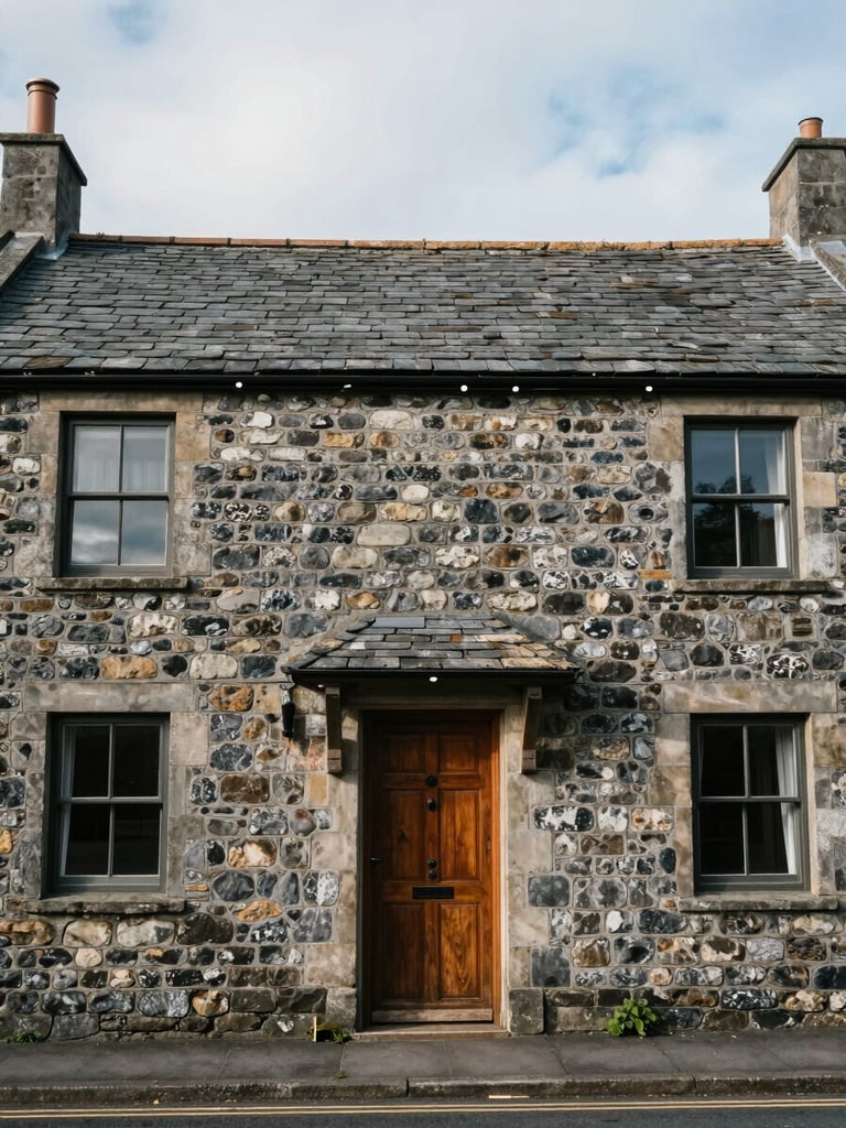 Wide environmental portrait of a traditional stone-fronted terrace house in South Wales under soft overcast daylight, focusing on weathered slate roof tiles and a solid timber front door.
