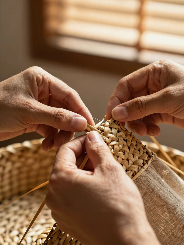 Macro close-up of artisan hands weaving a natural straw basket, warm golden hour sunlight filtering through window blinds, soft shadows, focus on tactile textures of straw and linen.
