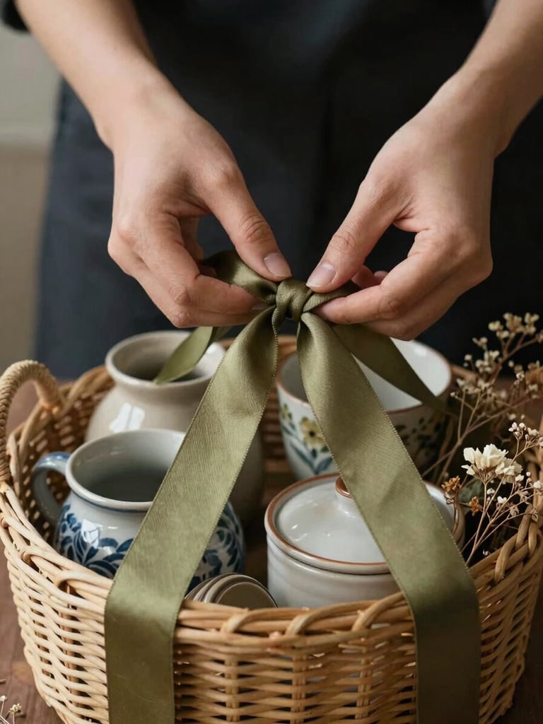 Hands carefully tying a soft olive ribbon around an artisanal woven basket filled with handmade ceramics and dried flowers.