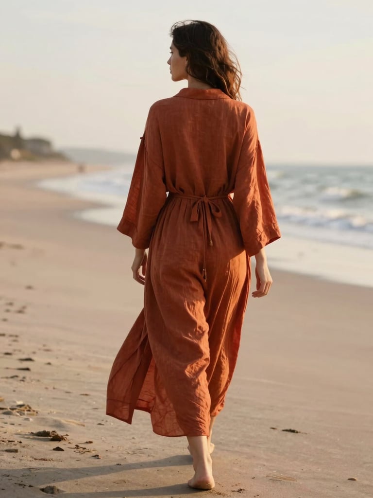 A woman wearing an elegant terracotta linen robe, walking on a quiet sandy beach at golden hour, back view, soft focus.