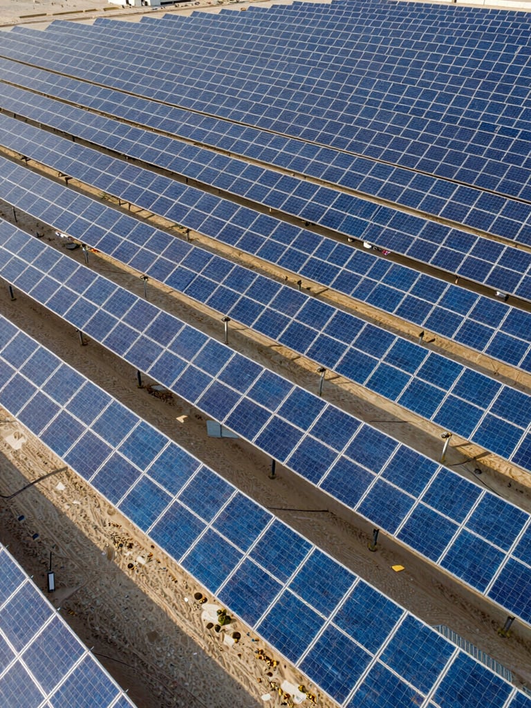 Wide-angle aerial drone shot of Al Dhafra solar farm, thousands of high-contrast blue solar panels stretching in perfect geometric rows under crisp morning sun, 35mm.