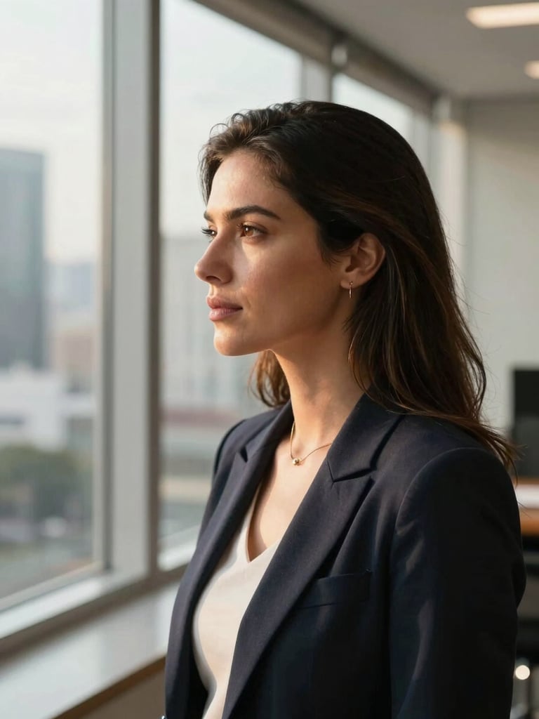 Close-up of a professional woman in a modern, sunlit office in São Paulo, looking thoughtfully out of a large window, warm natural light, soft focus background