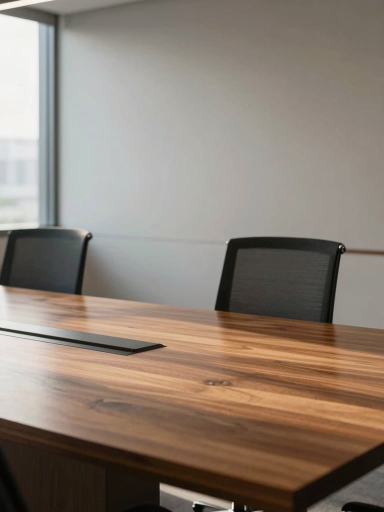 Architectural detail of a contemporary corporate boardroom in Brazil, soft natural light casting elegant shadows on a wooden table.