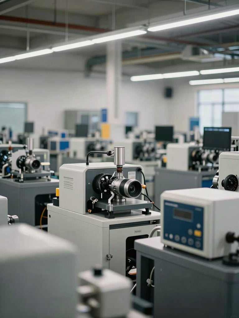 Wide environmental shot of a modern manufacturing floor in Querétaro, clean high-contrast daylight, machinery in soft focus, professional atmosphere