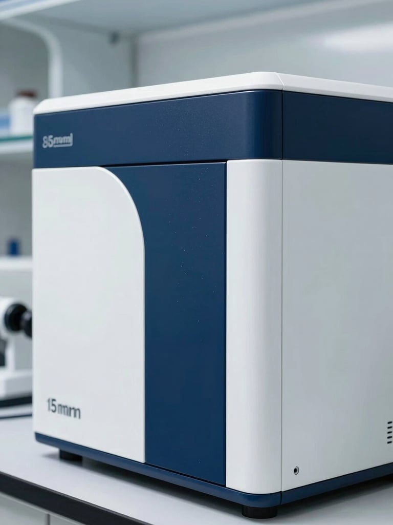 Macro shot of modern clean medical laboratory equipment, cool architectural daylight, deep navy and crisp white tones, sharp focus, 35mm