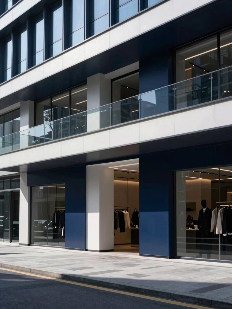 Abstract architectural lines of a modern retail pavilion under high-key office daylight, deep navy shadows, sharp focus, 35mm